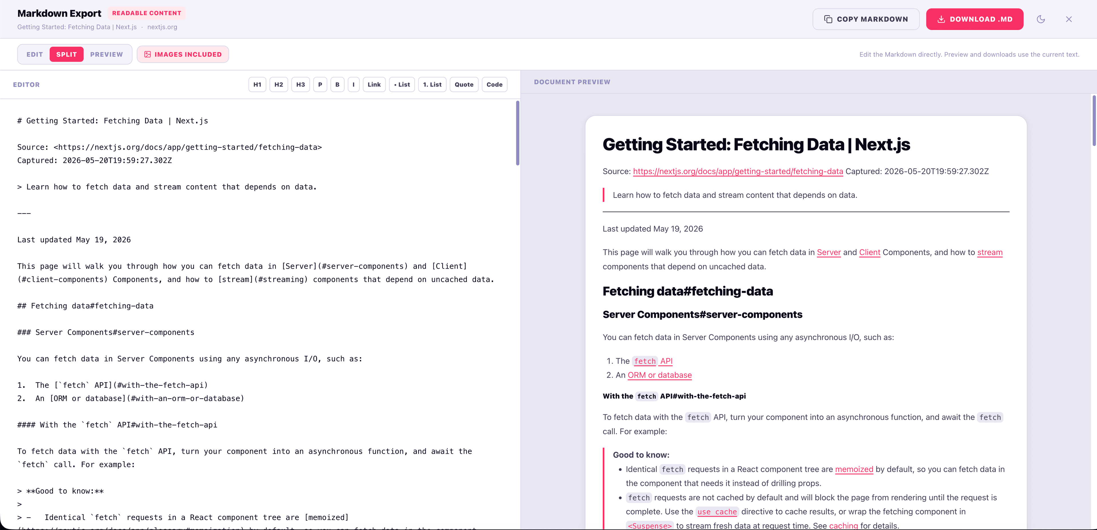 The same Next.js Fetching Data page converted to Markdown and opened in Full Page Hero's editor, with the raw Markdown on the left and a rendered preview on the right