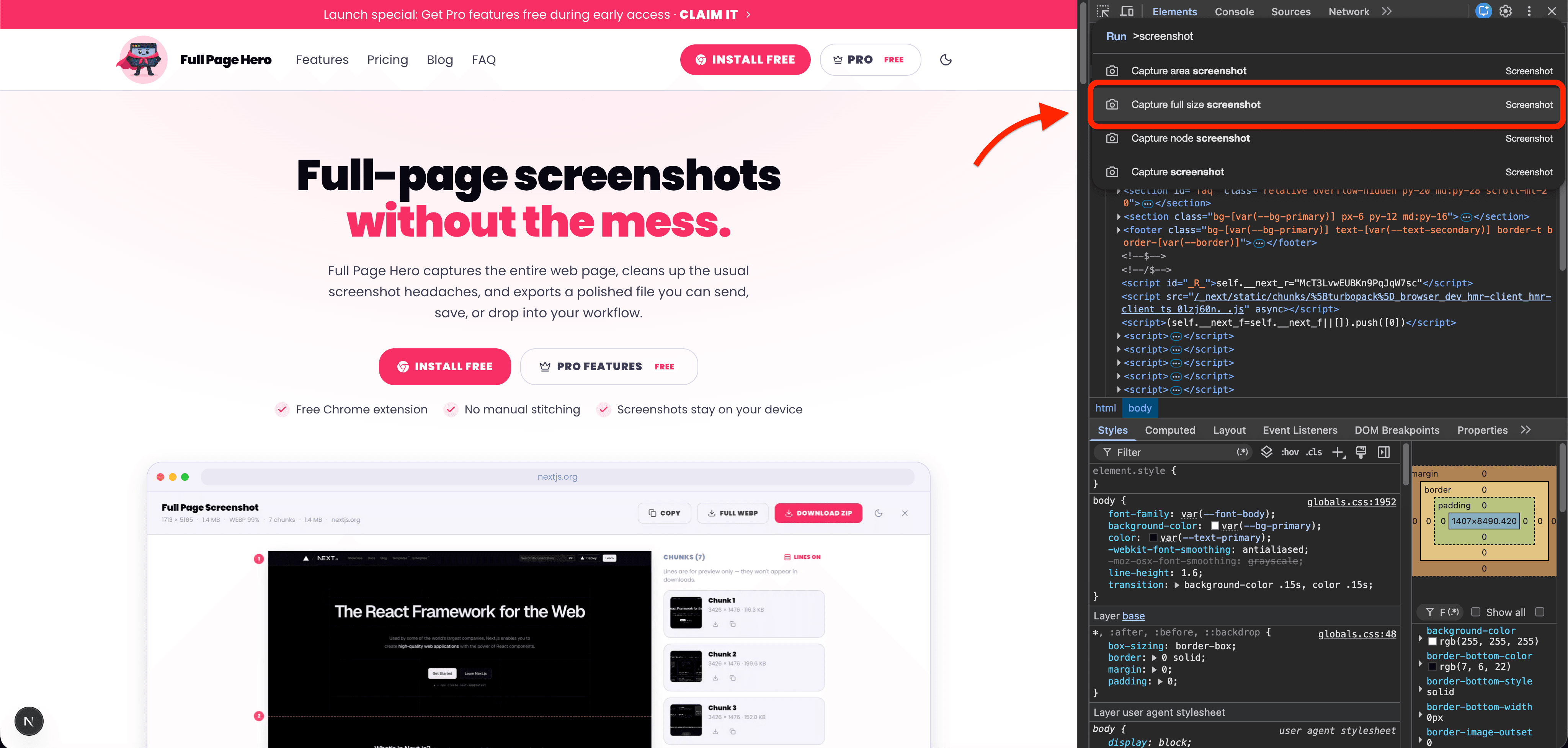 Chrome DevTools with the Capture full size screenshot option highlighted in the command menu