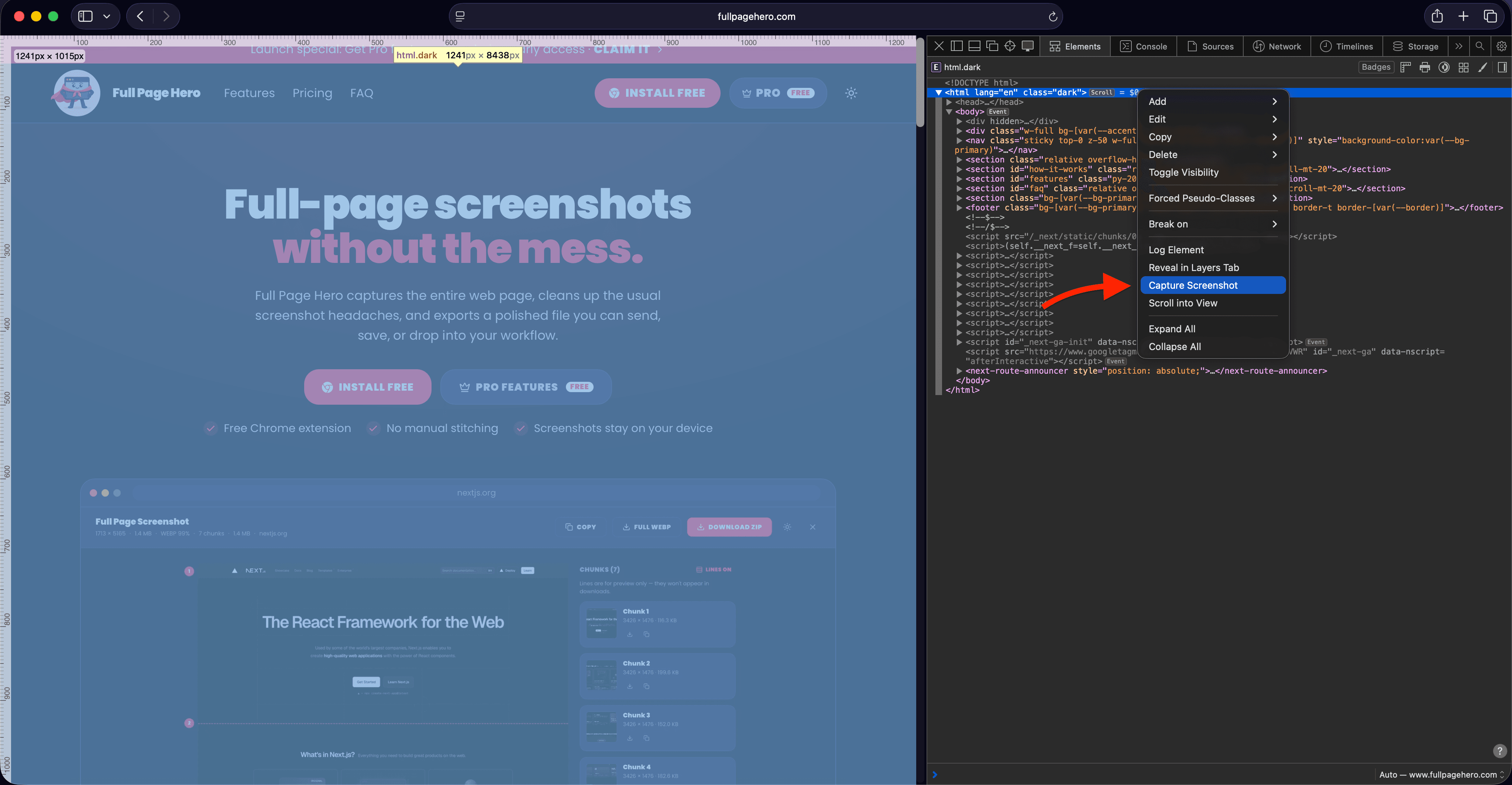 Safari Web Inspector on macOS with the html element selected and the Capture Screenshot menu item highlighted