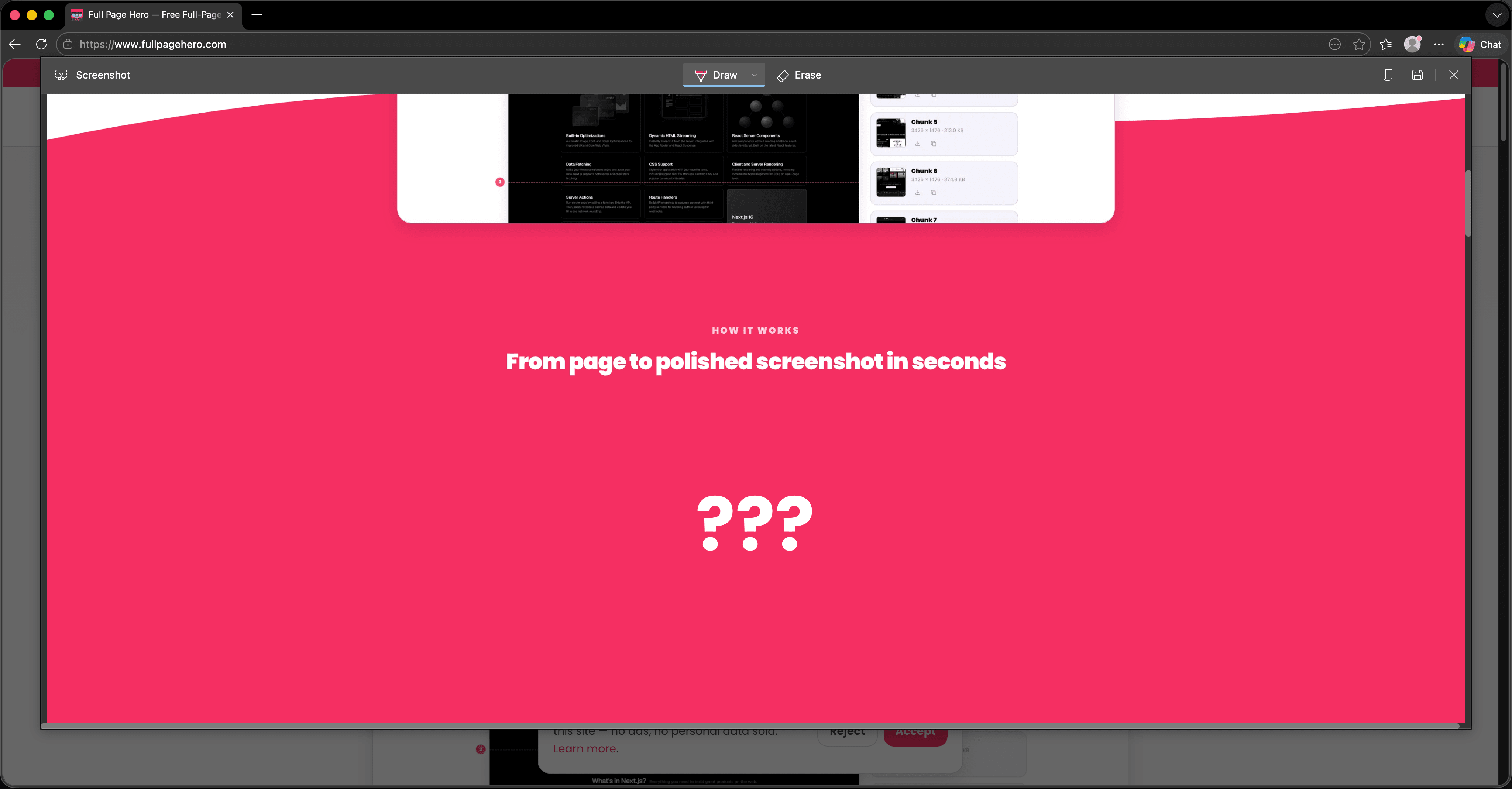 Microsoft Edge's Web Capture result of a long webpage, with several blank sections marked with question marks where lazy-loaded content failed to render before the capture finished