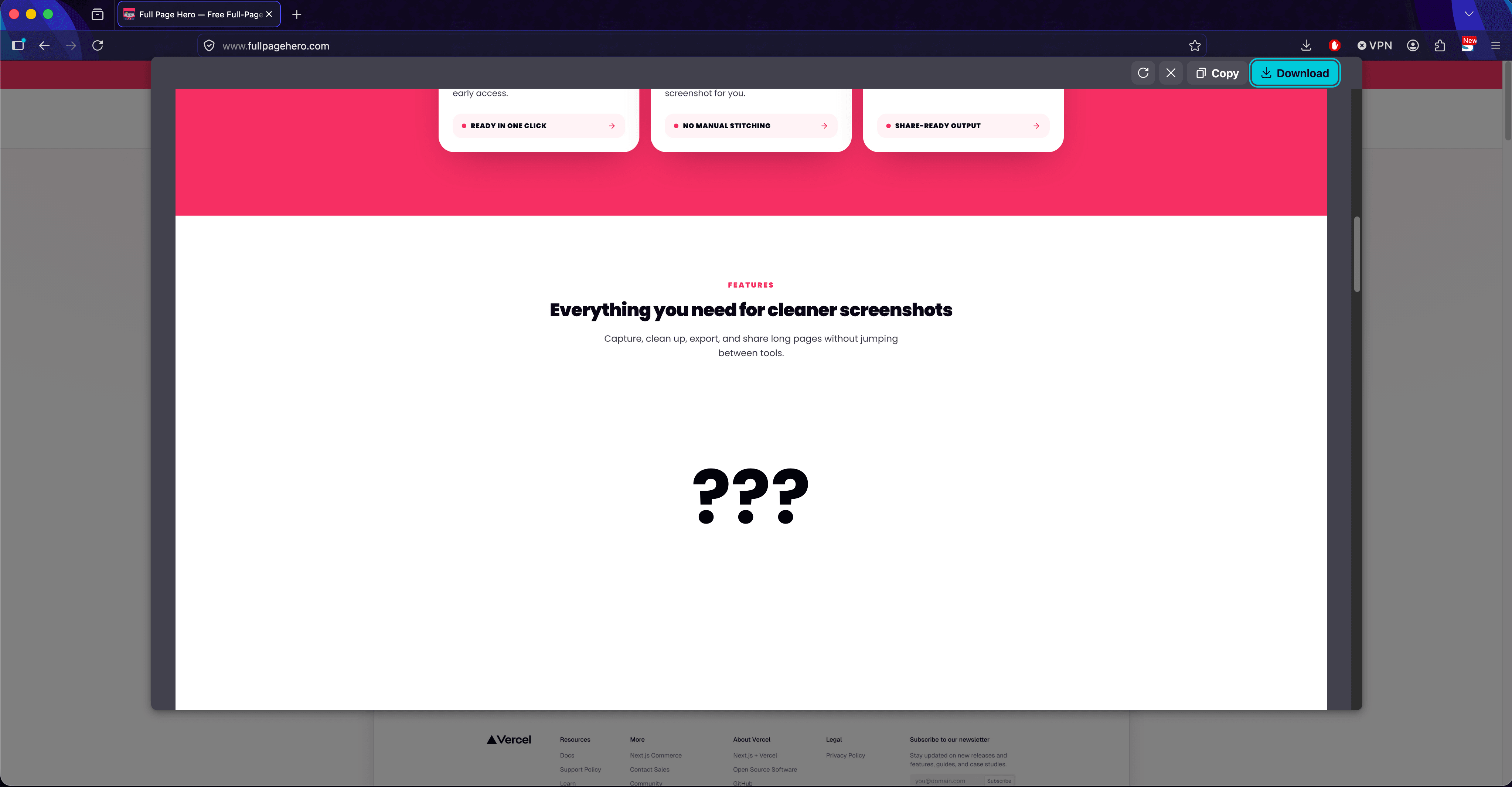 Firefox on macOS showing a full-page screenshot preview where lazy-loaded page content is missing and marked with question marks